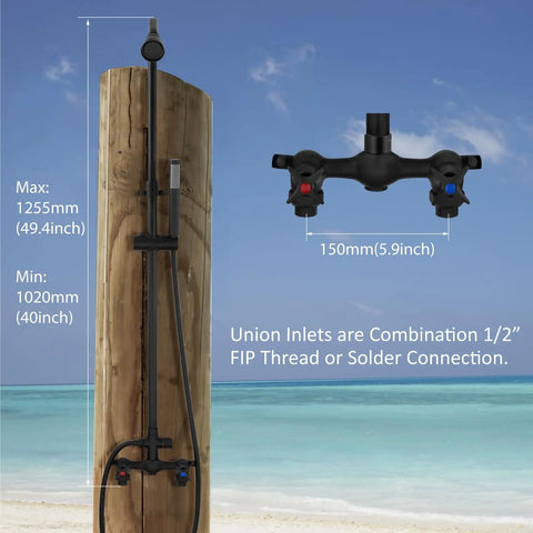 Wall Mount Outdoor Shower Kit With Handheld Spray Rugged Brass And Stainless Steel Fixtures In Matte Black installed on beach