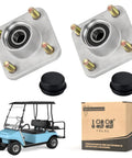 2 Pack Front Wheel Hub Assembly For Club Car DS And Precedent Golf Carts 2003 And Up Includes Bearings Races Oil Seals Dust Covers Lug Bolts Replacement Kit, showing two hubs, dust covers, golf cart and box in background.