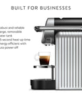 Side view of Zenius Professional Coffee Machine Starter Bundle For Businesses With Quick Startup Guide And Two Recycling Bags Biz-Friendly Office-Ready High-Volume Espresso Maker Capsule Compatible For Busy Break Rooms showing espresso cup on tray, built for businesses.
