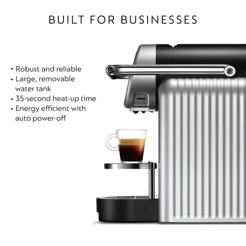Side view of Zenius Professional Coffee Machine Starter Bundle For Businesses With Quick Startup Guide And Two Recycling Bags Biz-Friendly Office-Ready High-Volume Espresso Maker Capsule Compatible For Busy Break Rooms showing espresso cup on tray, built for businesses.