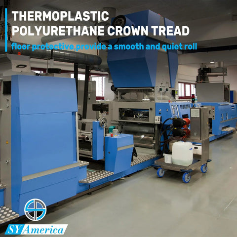 Blue industrial machine with wheels showcasing Five Inch Shopping Cart Wheel Set With Dual Precision Bearings And Polyurethane Tread.