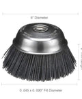 Abrasive Cup Brush Silicon Carbide 7000 Max RPM 6 Inch with 2-inch trim and 0.045 x 0.090 inch fill diameter for heavy-duty use.