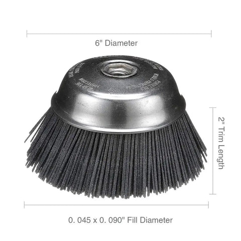 Abrasive Cup Brush Silicon Carbide 7000 Max RPM 6 Inch with 2-inch trim and 0.045 x 0.090 inch fill diameter for heavy-duty use.