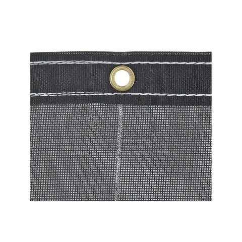 Close-up of Heavy Duty Black Mesh Tarp 7x18 Ft for Dump Beds with brass grommet and rugged seams, made of 1000D polyester mesh.
