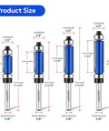 Four Piece Flush Trim Router Bit Set With Top And Bottom Bearings One Quarter Inch Shank Carbide Cutter For Veneer And Laminate Shelf Edge Trimming Cutting Diameter Half Inch Lengths Three Quarters To One And A Half Inch showing different sizes and dimensions.