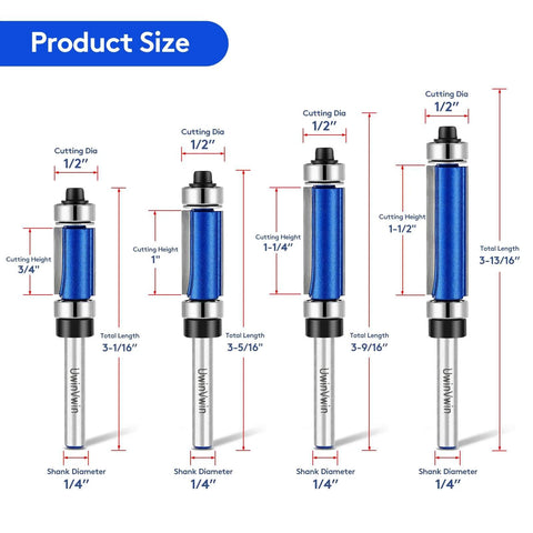 Four Piece Flush Trim Router Bit Set With Top And Bottom Bearings One Quarter Inch Shank Carbide Cutter For Veneer And Laminate Shelf Edge Trimming Cutting Diameter Half Inch Lengths Three Quarters To One And A Half Inch showing different sizes and dimensions.