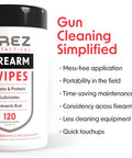 Heavy Duty Gun Cleaning Wipes Pack 120 Wipes 5x7 Inch CLP Gun Cleaner Lubricant container with benefits listed