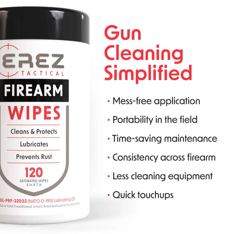 Heavy Duty Gun Cleaning Wipes Pack 120 Wipes 5x7 Inch CLP Gun Cleaner Lubricant container with benefits listed