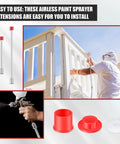Five Piece Airless Paint Sprayer Extension Poles With Red Guard Adjustable Short To Long Lengths Up To Forty Inches Durable Aluminum Rods Easy Attach Ideal For DIY Home Painting And Projects. Image showing a person using paint sprayer with extensions and red guards.