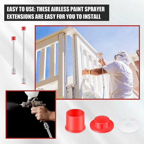 Five Piece Airless Paint Sprayer Extension Poles With Red Guard Adjustable Short To Long Lengths Up To Forty Inches Durable Aluminum Rods Easy Attach Ideal For DIY Home Painting And Projects. Image showing a person using paint sprayer with extensions and red guards.