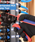 Pex Clamp Tool For Cinching And Removing Three Eighths Inch, One Half Inch, Three Quarters Inch, And One Inch Clamp Rings