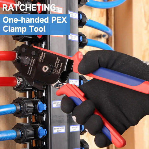Pex Clamp Tool For Cinching And Removing Three Eighths Inch, One Half Inch, Three Quarters Inch, And One Inch Clamp Rings