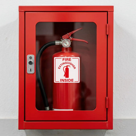 200 Pcs Self Adhesive 3 Inch Waterproof Vinyl Fire Extinguisher Inside Stickers on red cabinet