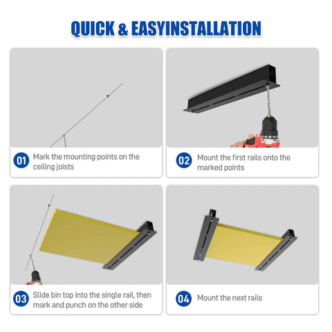 Installation steps for Heavy Duty 7 Pack Overhead Garage Storage Rack, showing ceiling joists and rails in a step-by-step guide.