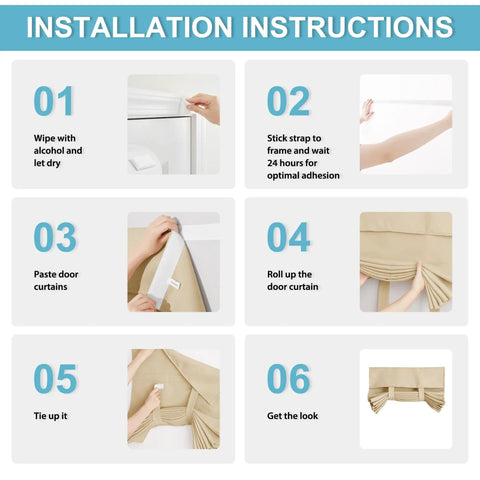 Installation instructions for French Door Curtains With Privacy Blackout No Drill Easy Install Tie Up Shades For Kitchen Dining Nursery And Bathroom Beige 26 By 72 Inches One Panel, showing step-by-step process.
