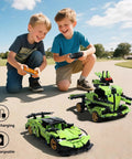 Two boys playing with the 2 In 1 Remote Control Race Car And Robot Building Kit With 429 Pieces, enjoying outdoor STEM fun.