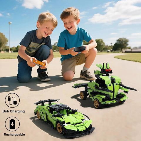 Two boys playing with the 2 In 1 Remote Control Race Car And Robot Building Kit With 429 Pieces, enjoying outdoor STEM fun.