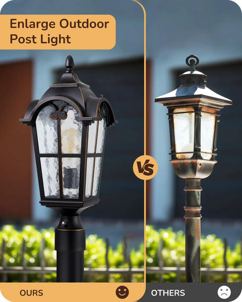 Comparison of Large Size Dusk To Dawn Outdoor Post Light With Photocell Sensor and traditional lantern on poles in a yard