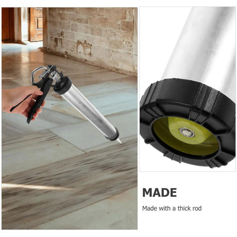 Top Tier Metal Caulk Gun With Thick Half Round Rod For Windows Doors And Bathroom Sealant Worry Free Application Adhesive Applicator held in hand