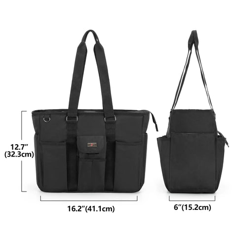 Front and side views of Boss Teacher Bag With Bottom Padded Pad And Foldable Cushion, Large Work Tote, Black, showing dimensions.