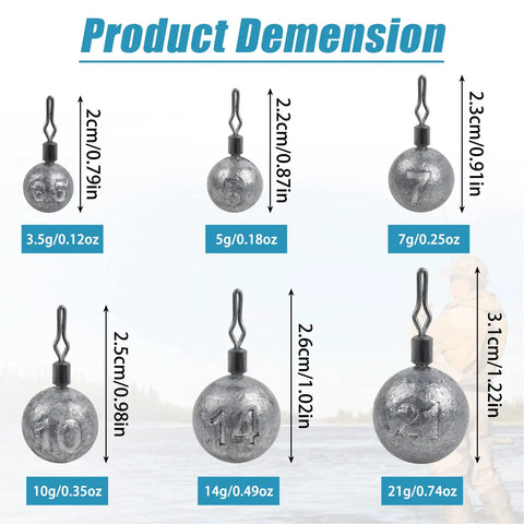 Drop Shot Weights Cannonball Sinkers With Pro Grade Swivels Set For Bass Fishing, round ball sizes 3.5g to 21g