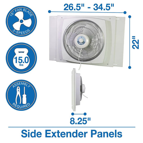 16-Inch Window Fan With Storm Guard, Built Tough With Impact-Resistant Plastic Housing, fitting windows 26.5-34.5 inches wide