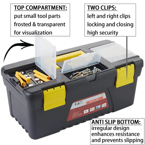 Four Piece Portable Toolbox Set With Built In Latch Tray And Magnetic Wristband For Home And Pro Repairs Includes Removable Compartments In 11 12 13 And 14 Inch Sizes A Handy On The Go Organizer For Any Job, showing detachable compartments and anti-slip design