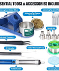 862BD+ 2-In-1 Soldering Iron And Hot Air Rework Station accessories including tip cleaner, tips, tweezers, and desolder pump.