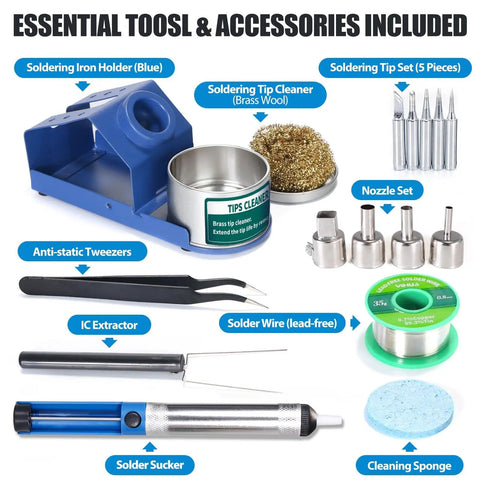862BD+ 2-In-1 Soldering Iron And Hot Air Rework Station accessories including tip cleaner, tips, tweezers, and desolder pump.