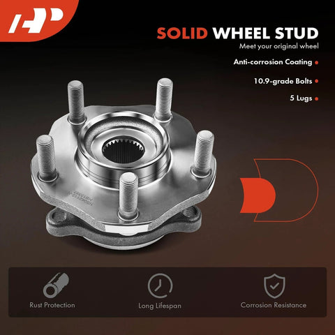 2 Pack Front Wheel Bearing And Hub Assembly Fits Nissan Rogue 2014-2023 Rogue Sport 2017-2022 Qashqai 2017-2018 5 Lug High Load Capacity Ball Or Roller Bearing Easy Install Replacement For A Smooth Ride, showcasing a solid wheel stud with anti-corrosion coating.
