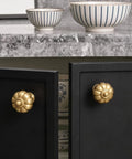 Solid Brass Cabinet Knobs And Gold Pumpkin Drawer Pulls Featuring Vintage Floral Accents For Kitchen Cupboards And Dressers Heavy Duty 6 Pack 1 1 8 Inch on black cabinet with bowls.