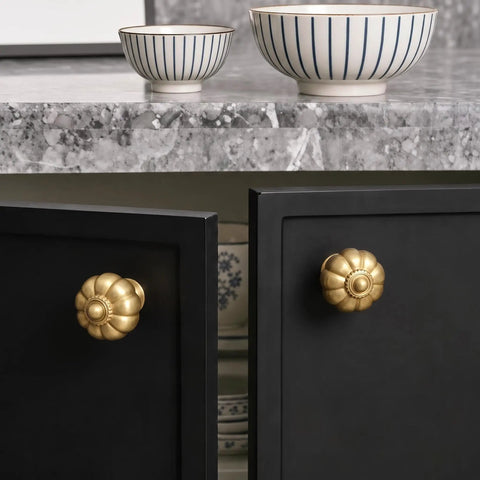 Solid Brass Cabinet Knobs And Gold Pumpkin Drawer Pulls Featuring Vintage Floral Accents For Kitchen Cupboards And Dressers Heavy Duty 6 Pack 1 1 8 Inch on black cabinet with bowls.