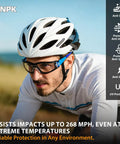 Close-up of a cyclist wearing Rock Solid Two Pack Anti Fog Safety Glasses With Thick Foam Lined Gasket Secure Buckle Strap And Rugged Carry Pouch Ansi Certified Splash Shield Eye Protection For Tough Job Sites.