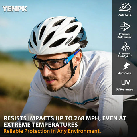 Close-up of a cyclist wearing Rock Solid Two Pack Anti Fog Safety Glasses With Thick Foam Lined Gasket Secure Buckle Strap And Rugged Carry Pouch Ansi Certified Splash Shield Eye Protection For Tough Job Sites.