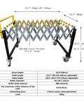 Flexible Portable Unpowered Conveyor with Adjustable Length and Height, ABS Skate Wheels, diagram and dimensions shown
