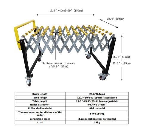 Flexible Portable Unpowered Conveyor with Adjustable Length and Height, ABS Skate Wheels, diagram and dimensions shown