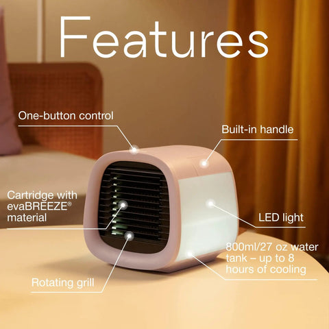 Kickback Portable Evaporative Air Cooler AC Unit With Four Speed Settings And One Button Control features visible, including handle and water tank.
