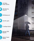 Solar Motion Sensor Outdoor Lights With 3 Modes And 150 Degree Detection IP65 Waterproof Ultra Bright Pathway And Yard Security Lighting For Garden Porch And Backyard in action illuminating a rainy night