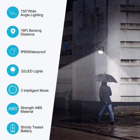 Solar Motion Sensor Outdoor Lights With 3 Modes And 150 Degree Detection IP65 Waterproof Ultra Bright Pathway And Yard Security Lighting For Garden Porch And Backyard in action illuminating a rainy night