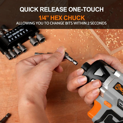 User changing bit on Cordless Impact Driver Kit Delivers Beastly 2655 Inch Pounds Torque For All Your Fastening Needs Quarter Inch All Metal Hex Chuck Variable Speed Comes With 2 Amp Battery One Hour Charger 26 Impact Bits And Handy Tool Bag