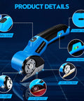 Heavy Duty Cordless Electric Scissors With Rechargeable Rotary Blade And LED Light Safety Lock For No Sweat Cutting Of Cardboard Fabric Carpet Leather And Cloth Slick Power Shears Blue showing handle features and safety lock.