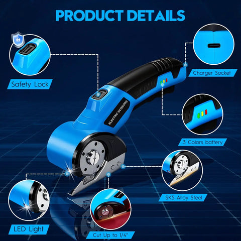 Heavy Duty Cordless Electric Scissors With Rechargeable Rotary Blade And LED Light Safety Lock For No Sweat Cutting Of Cardboard Fabric Carpet Leather And Cloth Slick Power Shears Blue showing handle features and safety lock.