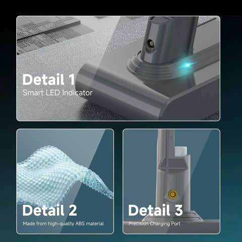 Top Shelf 9000mAh Battery Replacement For Dyson V7 series showing smart LED indicator, ABS material, and precision charging port.