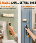 Top Shelf DIY Home Improvement Paint Roller Kit With Wired Cage Trays Sturdy Angled Brushes Nine And Four Inch Rollers showing 9-inch and 4-inch roller usage.