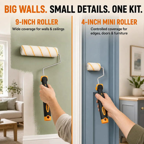Top Shelf DIY Home Improvement Paint Roller Kit With Wired Cage Trays Sturdy Angled Brushes Nine And Four Inch Rollers showing 9-inch and 4-inch roller usage.