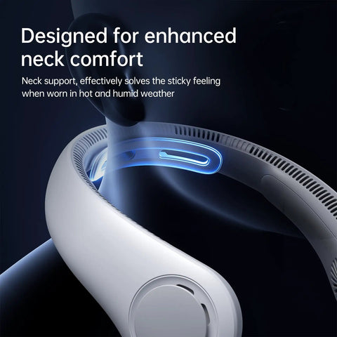 Close-up of Portable Neck Fan With 5 Speed Settings Hands Free Wearable Bladeless Personal Cooling Fan 5000mAh in Foggy Grey on mannequin.