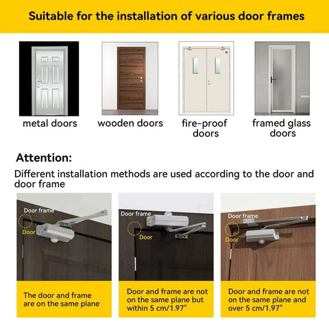 Installation options for Heavy Duty Automatic Door Closer with Spring Hydraulic Action, suitable for various door frames.