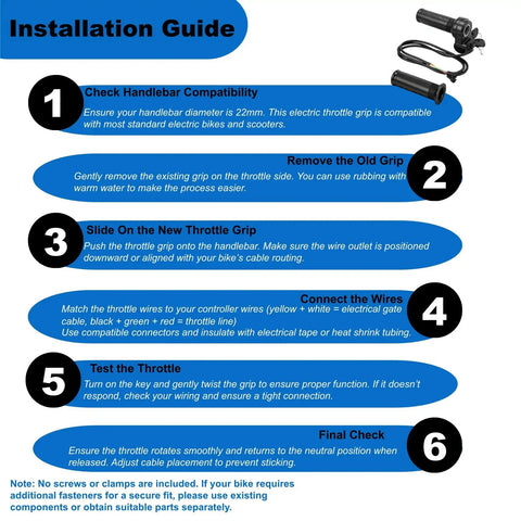 Installation guide for full twist throttle, showing 6 steps with images, includes handlebar check, wire connection, and testing.