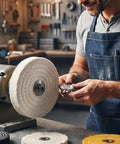 Top Shelf 6 Inch White Cotton Buffing Wheels 2 Pack With 5 8 Inch Arbor Hole Hella Thick 1 Inch Construction Ideal For Metal Polish And Woodwork with a buffer.