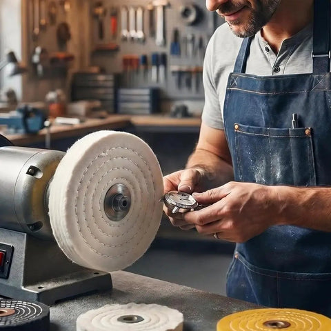 Top Shelf 6 Inch White Cotton Buffing Wheels 2 Pack With 5 8 Inch Arbor Hole Hella Thick 1 Inch Construction Ideal For Metal Polish And Woodwork with a buffer.